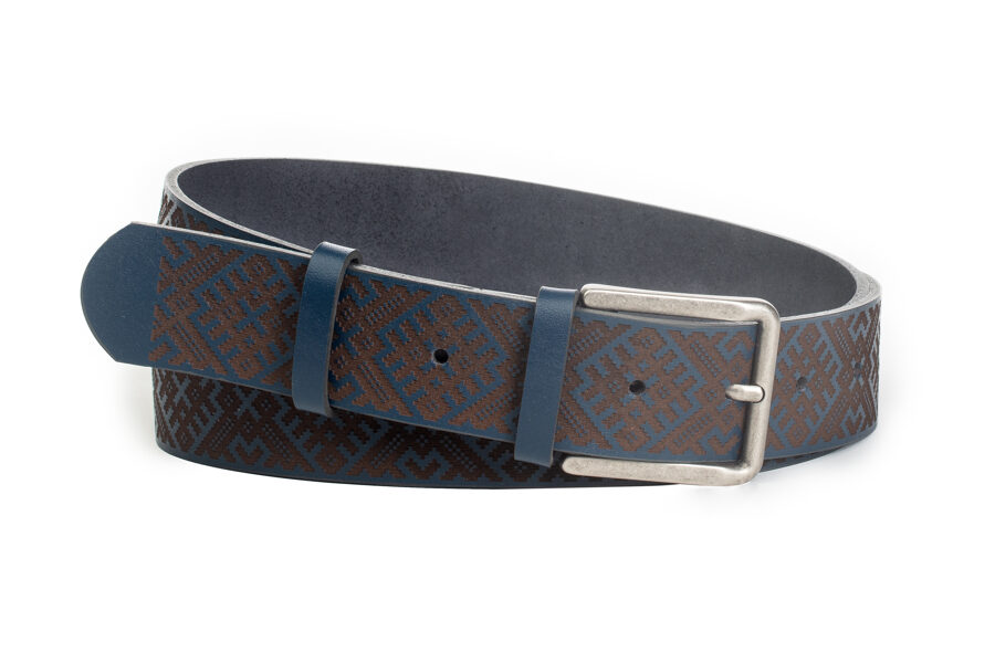 Tumši zila ādas josta ar rakstu. Zelta krusts 40 mm. Antialerģiska.