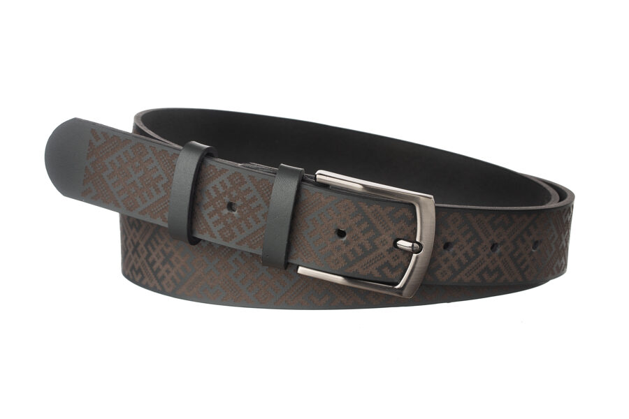 Ādas josta ar zelta krusta rakstu. Pelēka. 35 mm.